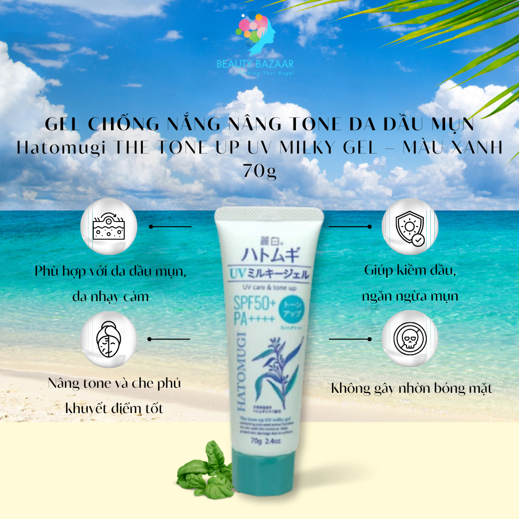 Kem chống nắng Hatomugi nâng tone da dầu mụn da khô chống nắng phổ rộng da mặt và body Nhật Bản 70g 80g