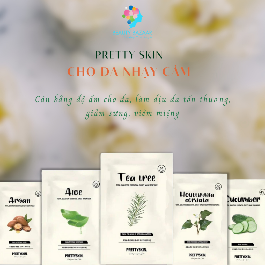 Mặt nạ giấy dưỡng ẩm, dưỡng trắng, ngừa mụn lô hội, diếp cá mật ong, nhân sâm Pretty Skin Total Solution Sheet Mask Hàn Quốc - 23g