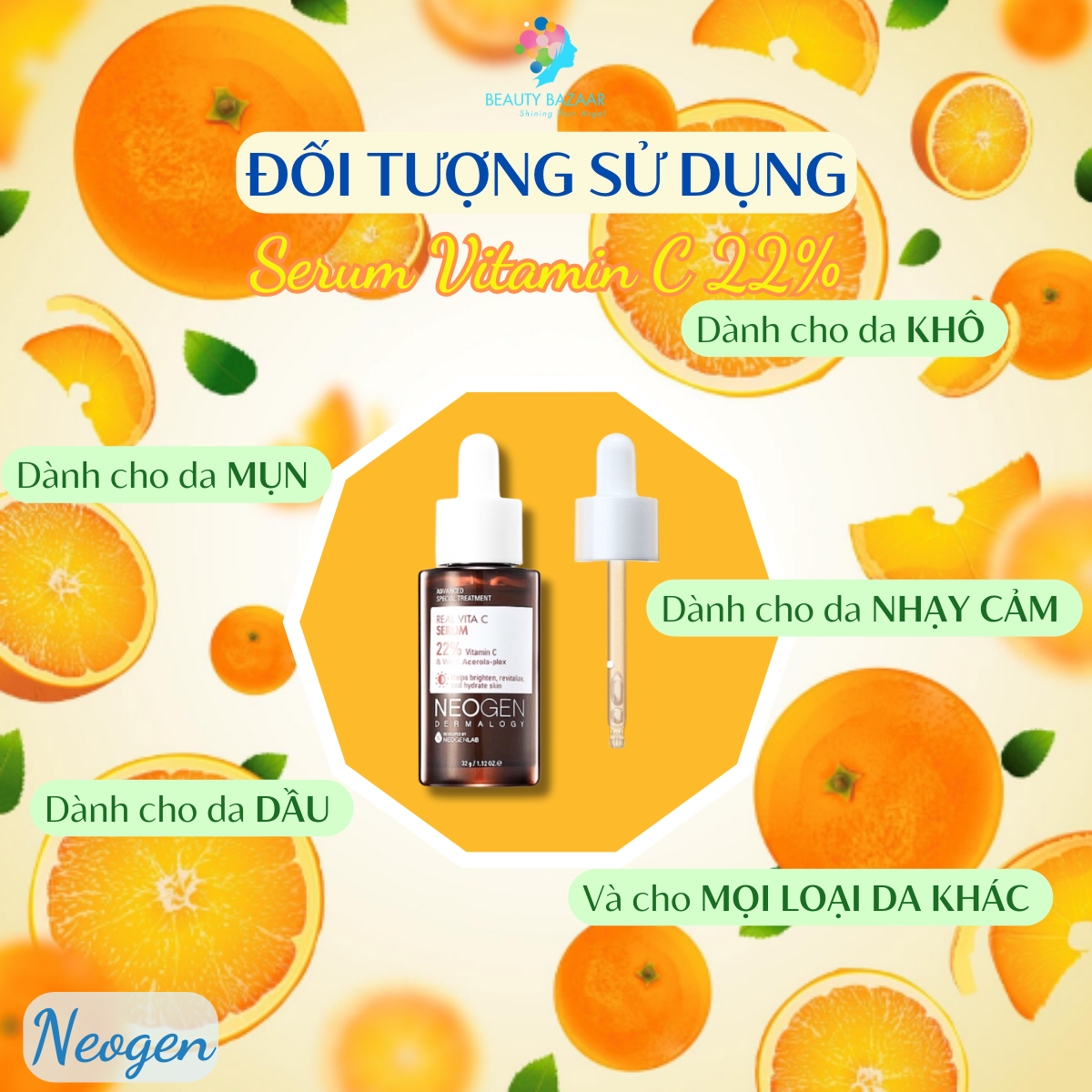 Serum Vitamin C dưỡng trắng da căng bóng Neogen Vitamin C 22% Niacinamide 5% cho da dầu mụn 32ml