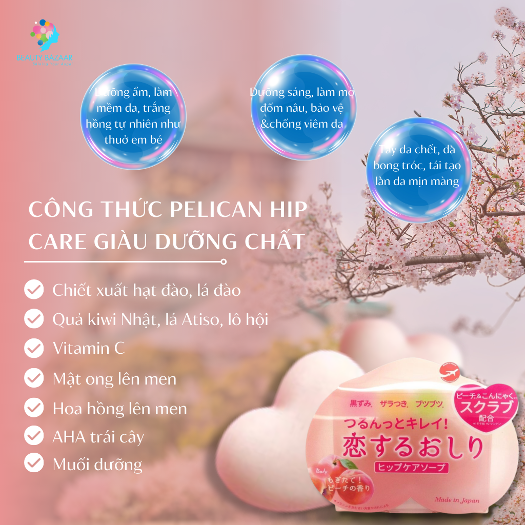 Xà phòng ngừa thâm mông và làm sạch cơ thể từ quả đào Pelican Hip Care Soap - Nhật Bản