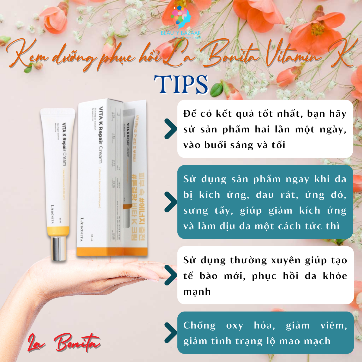 Kem dưỡng phục hồi dưỡng trắng sáng trẻ hoá da La Bonita Vitamin K Repair Cream – Hàn Quốc 30ml