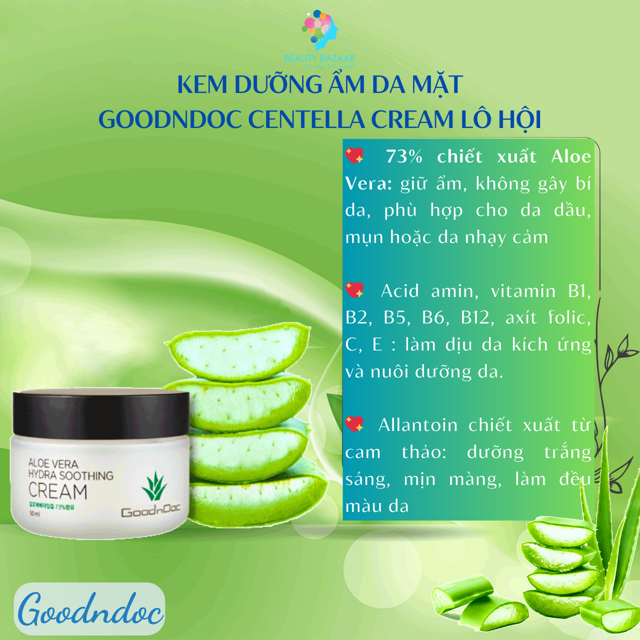 Kem dưỡng ẩm da mặt GoodnDoc Centella Cream Rau má - Ốc sên - Lô hội Chính hãng Hàn Quốc 120g