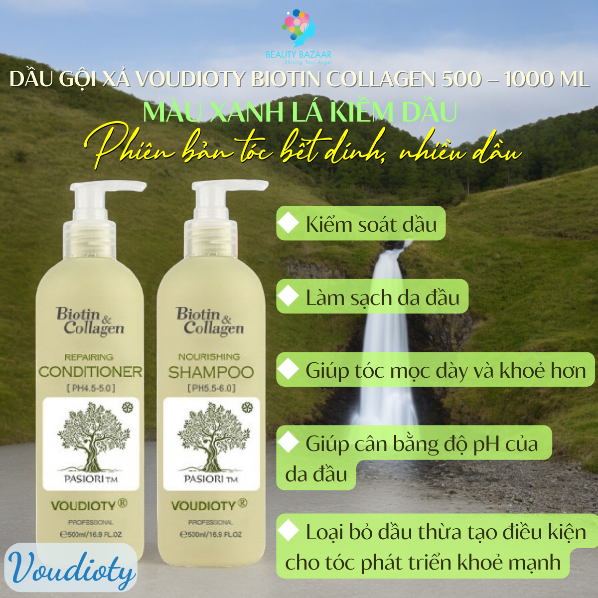 Dầu gội xả ngừa gàu, nấm da đầu, ngăn rụng, giúp mọc tóc, cho tóc đen nhuộm cả nam, nữ Voudioty Biotin Collagen