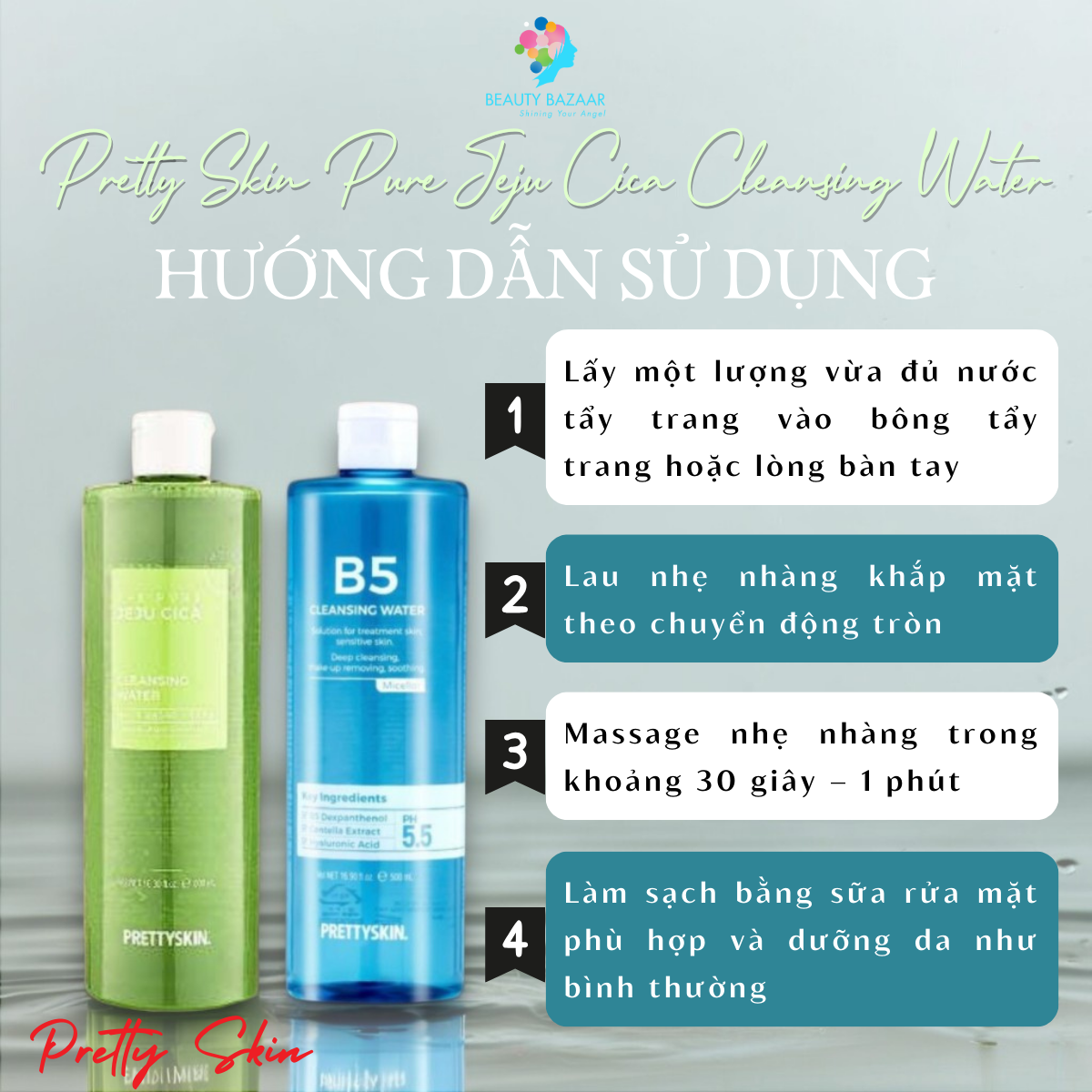 Nước tẩy trang rau má nước tẩy trang B5 cho da mụn nhạy cảm Pretty Skin Pure Jeju Cica B5 Cleansing Water - Hàn Quốc 500ml