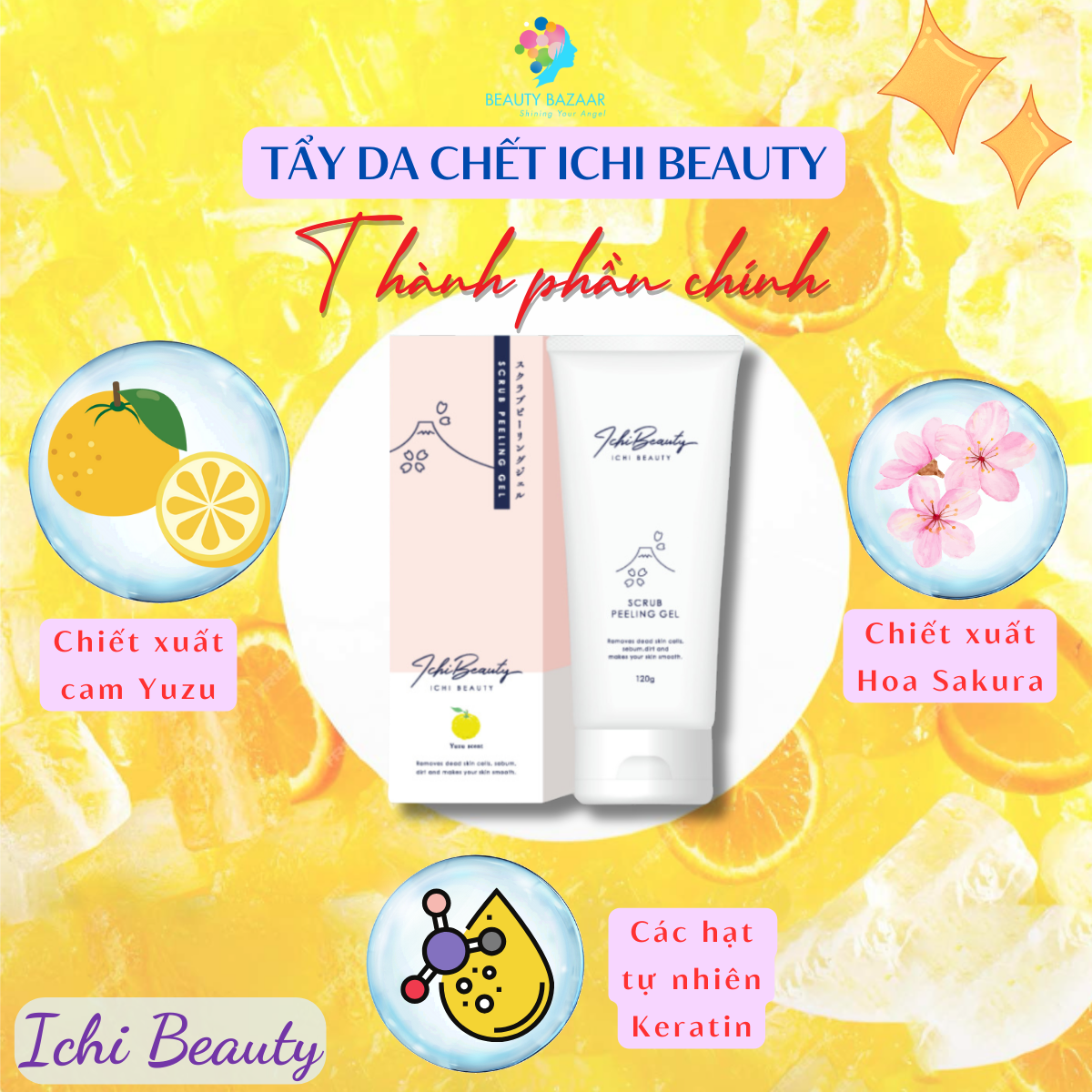 Tẩy Da Chết Ichi Beauty Scrub Peeling chiết xuất cam Yuzu Nhật Bản Gel 120g