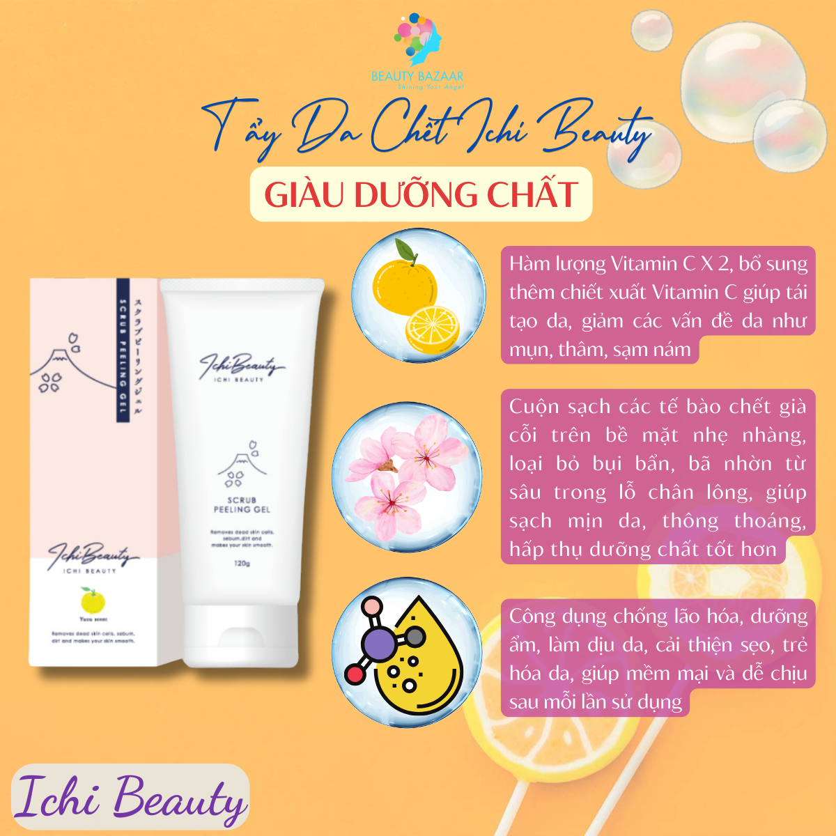 Tẩy Da Chết Ichi Beauty Scrub Peeling chiết xuất cam Yuzu Nhật Bản Gel 120g
