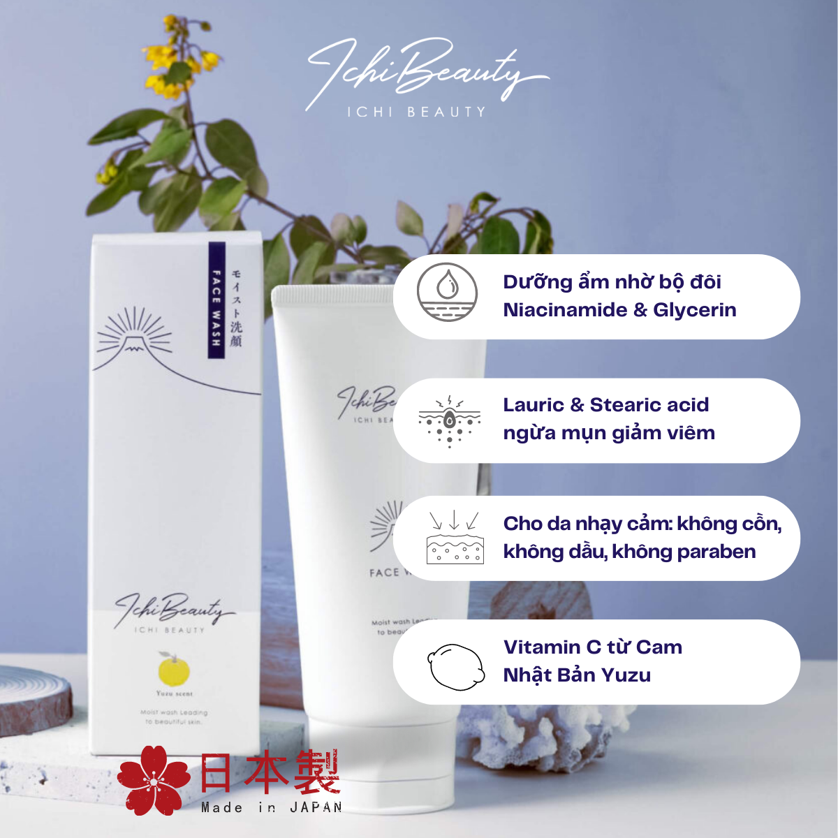 Combo Chăm Sóc Da Làm Sạch Sâu Ngừa Mụn Hiệu Quả Sữa rửa mặt cho da dầu và Tẩy Da Chết Ichi Beauty Scrub Peeling Ichi Beauty chiết xuất cam Yuzu 120g chính hãng Nhật Bản