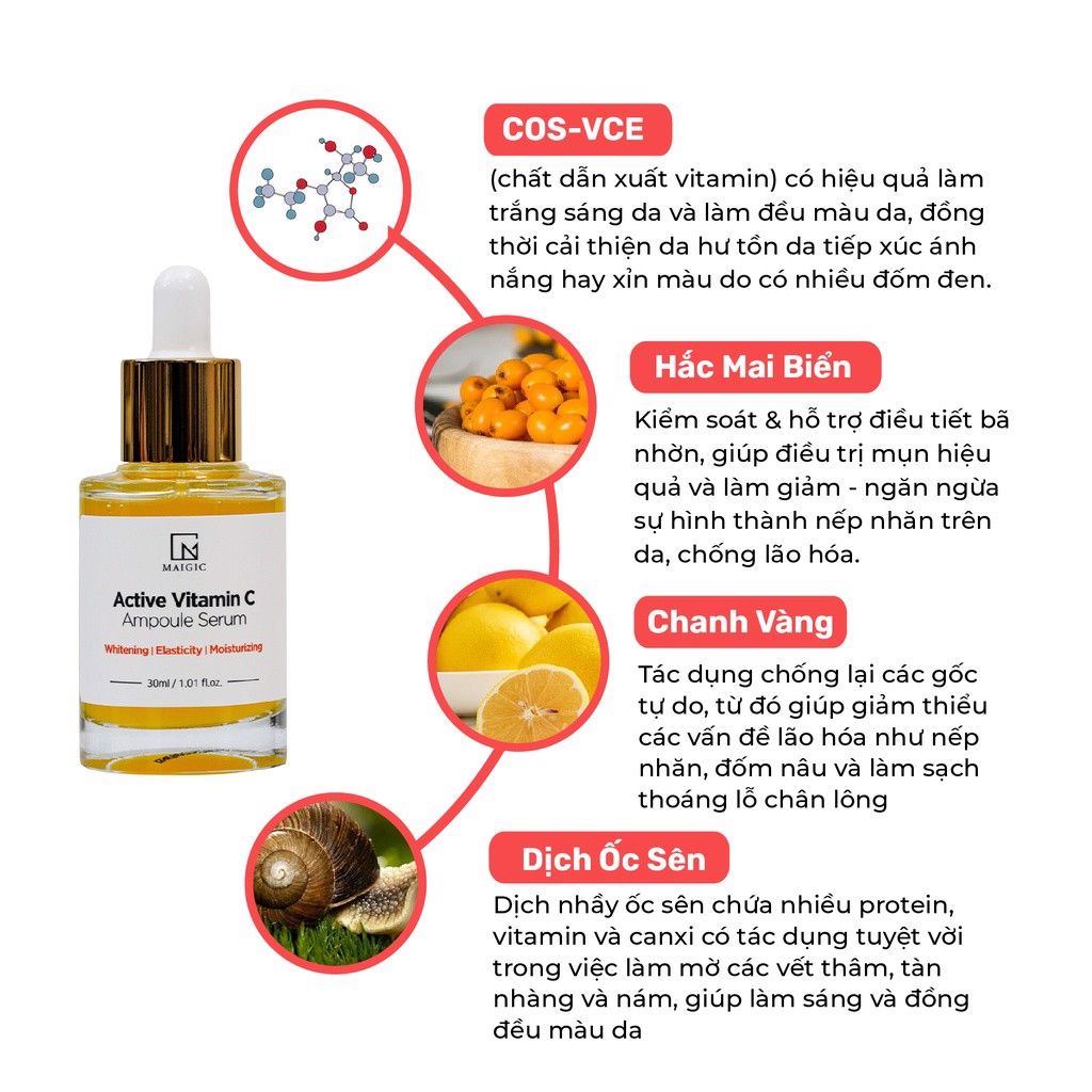 Tinh chất trắng da mờ thâm giảm sạm nám Hàn Quốc MAIGIC Active Vitamin C Ampoule Serum 30ml