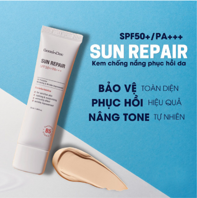 Kem Chống Nắng Nâng Tông Rau Má Tràm Trà Vitamin B5 GoodnDoc Sun Repair SPF50+ PA+++