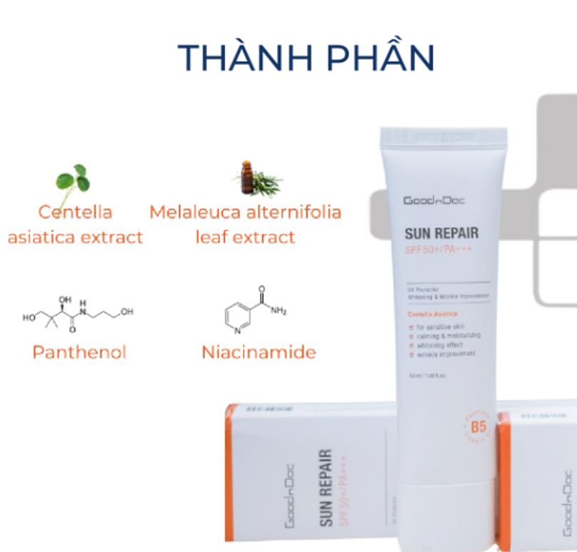 Kem Chống Nắng Nâng Tông Rau Má Tràm Trà Vitamin B5 GoodnDoc Sun Repair SPF50+ PA+++