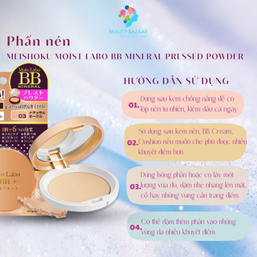 Phấn nền kiềm dầu chống nước nâng tone chất lì Meishoku Moist Labo BB Mineral Pressed Powder – Nhật Bản