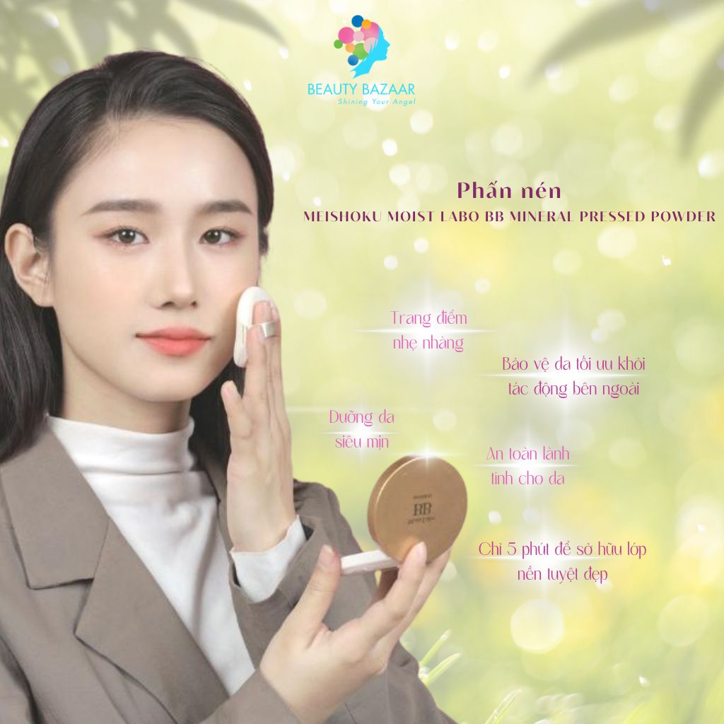 Phấn nền kiềm dầu chống nước nâng tone chất lì Meishoku Moist Labo BB Mineral Pressed Powder – Nhật Bản