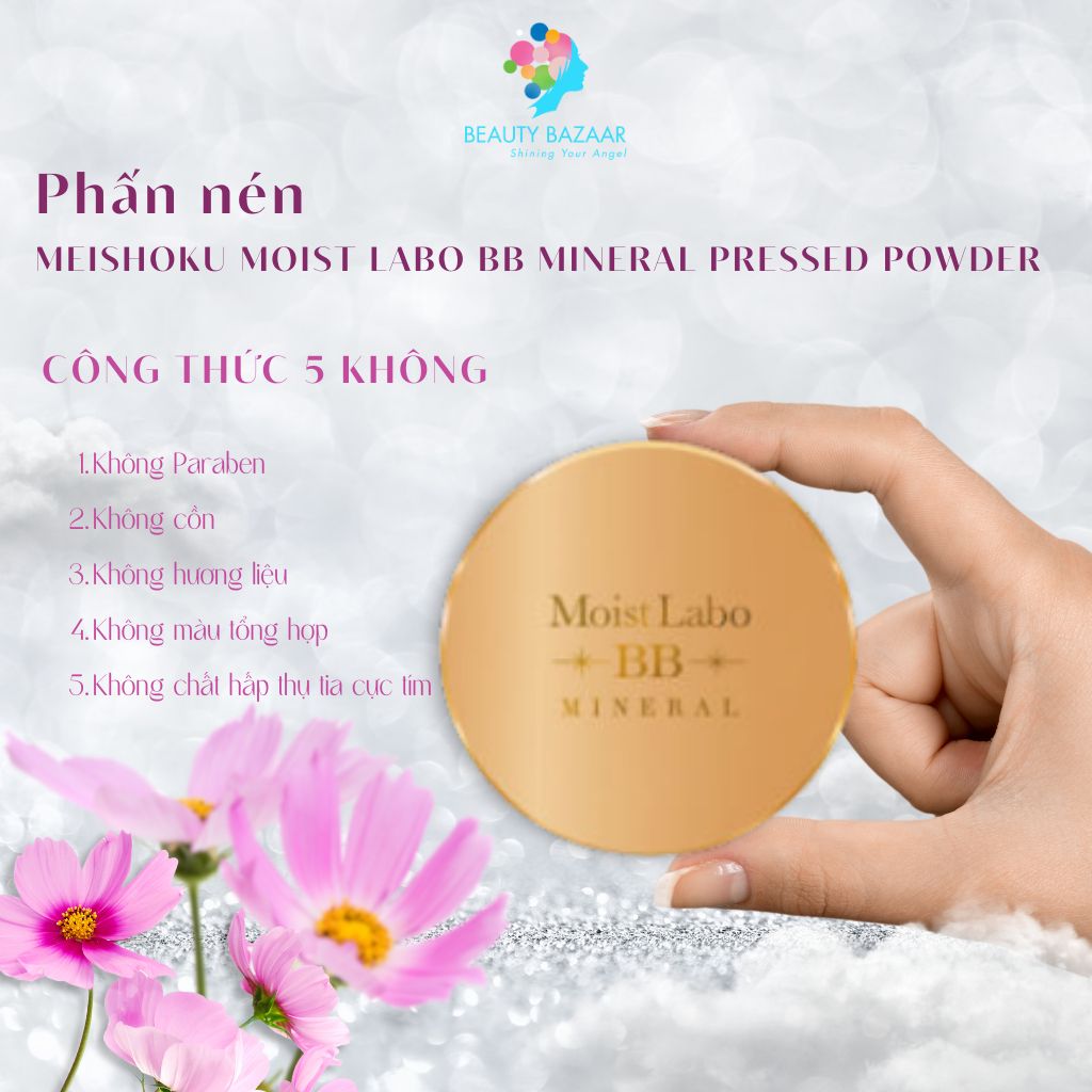 Phấn nền kiềm dầu chống nước nâng tone chất lì Meishoku Moist Labo BB Mineral Pressed Powder – Nhật Bản