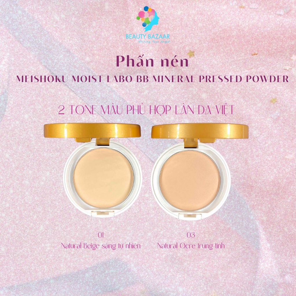 Phấn nền kiềm dầu chống nước nâng tone chất lì Meishoku Moist Labo BB Mineral Pressed Powder – Nhật Bản
