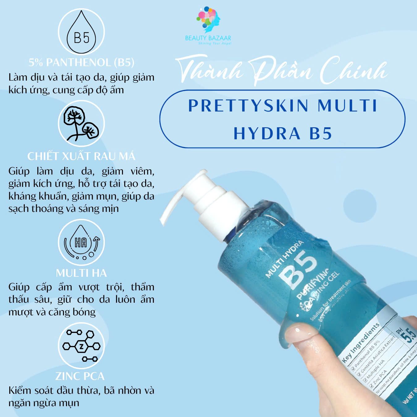 Sữa rửa mặt PrettySkin rau má Jeju Cica và Multi Hydra B5 phục hồi cấp ẩm làm sạch sâu cho da dầu mụn, da khô