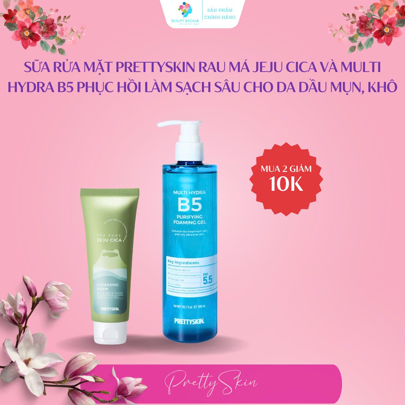 Sữa rửa mặt PrettySkin rau má Jeju Cica và Multi Hydra B5 phục hồi cấp ẩm làm sạch sâu cho da dầu mụn, da khô