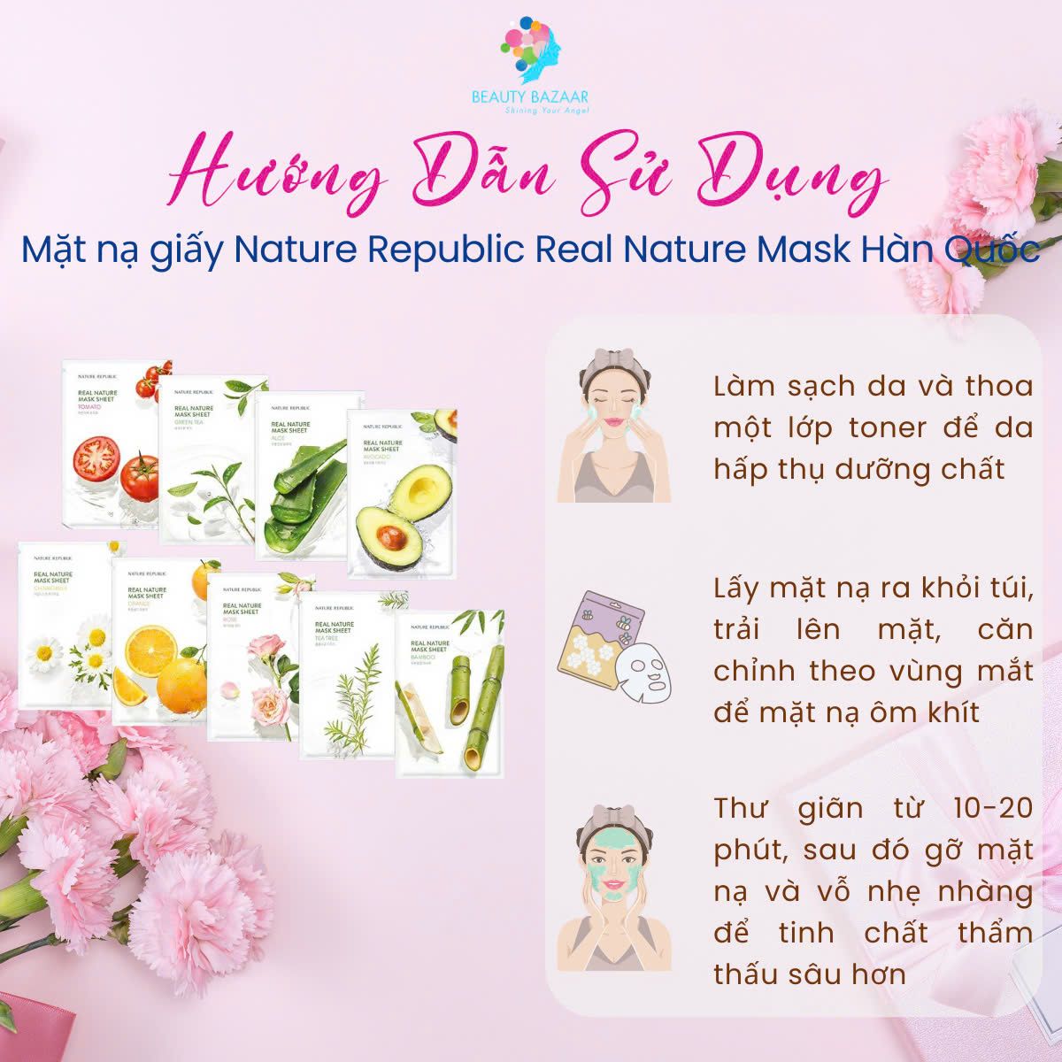 Mặt nạ giấy Nature Republic Hàn Quốc Real Nature Mask cấp ẩm dưỡng trắng phục hồi da chính hãng 25ml