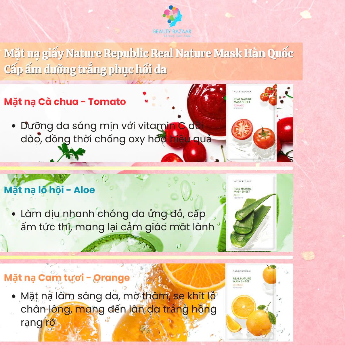 Mặt nạ giấy Nature Republic Hàn Quốc Real Nature Mask cấp ẩm dưỡng trắng phục hồi da chính hãng 25ml