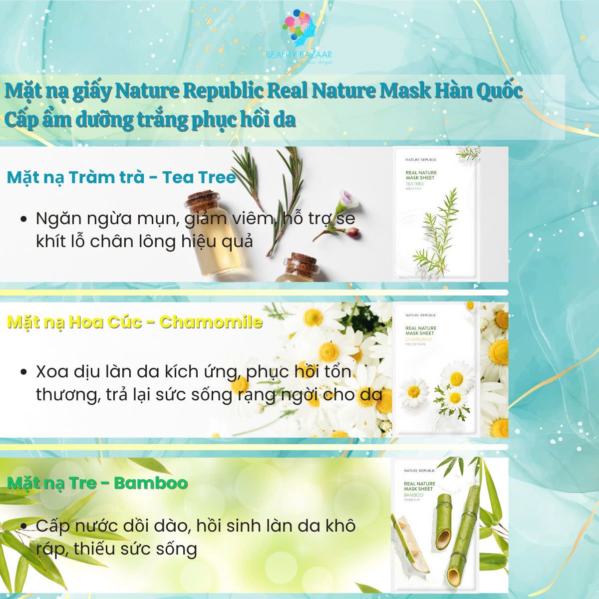 Mặt nạ giấy Nature Republic Hàn Quốc Real Nature Mask cấp ẩm dưỡng trắng phục hồi da chính hãng 25ml