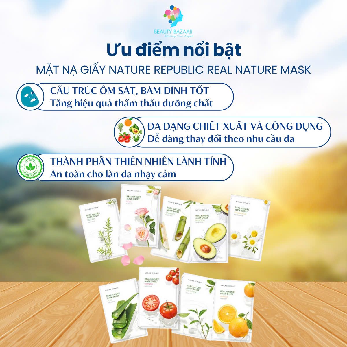 Mặt nạ giấy Nature Republic Hàn Quốc Real Nature Mask cấp ẩm dưỡng trắng phục hồi da chính hãng 25ml
