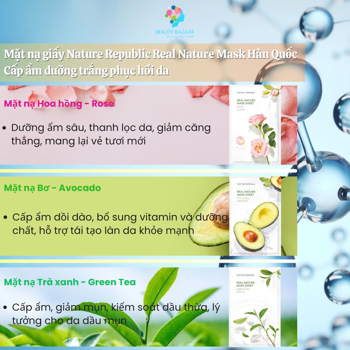 Mặt nạ giấy Nature Republic Hàn Quốc Real Nature Mask cấp ẩm dưỡng trắng phục hồi da chính hãng 25ml