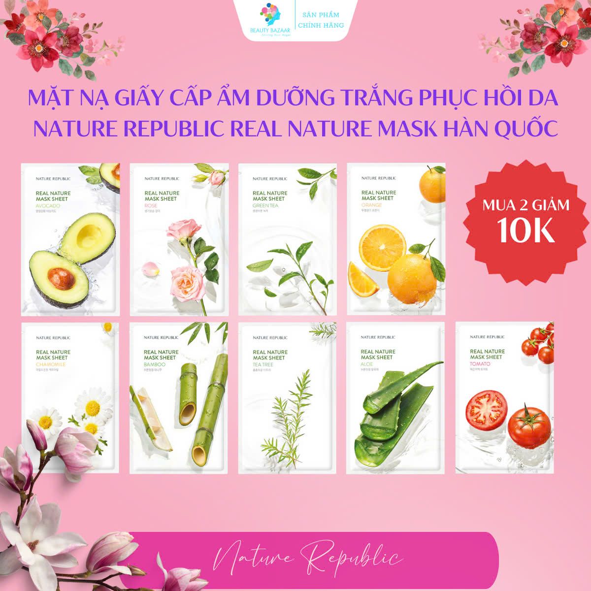 Mặt nạ giấy Nature Republic Hàn Quốc Real Nature Mask cấp ẩm dưỡng trắng phục hồi da chính hãng 25ml