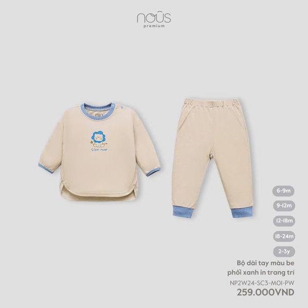 Bộ dài tay màu be phối xanh in trang trí