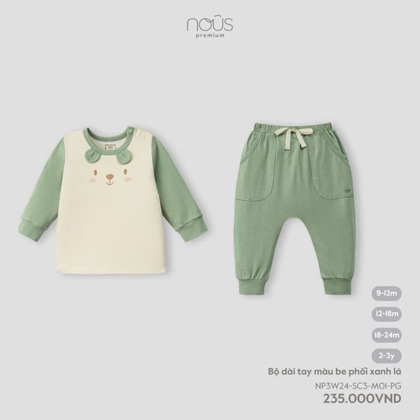 Bộ DÀI TAY màu be phối xanh lá