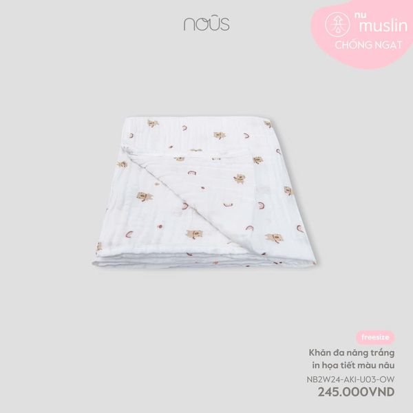 Khăn đa năng trắng in họa tiết màu nâu