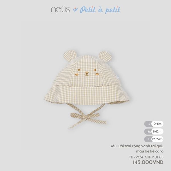 Mũ lưỡi trai rộng vành tai gấu màu be kẻ caro