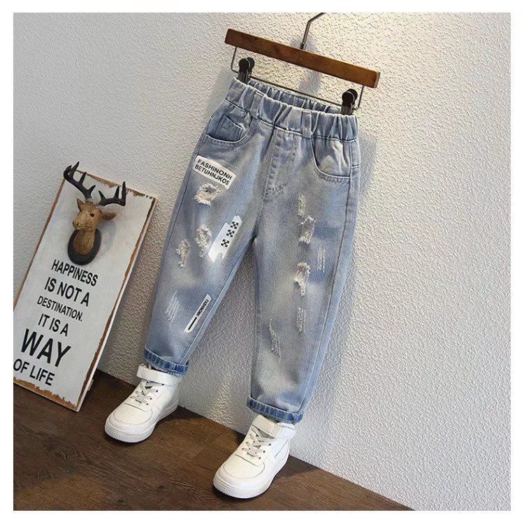  Quần jeans rách dáng rộng bé trai cao cấp, rách bụi phong cách 