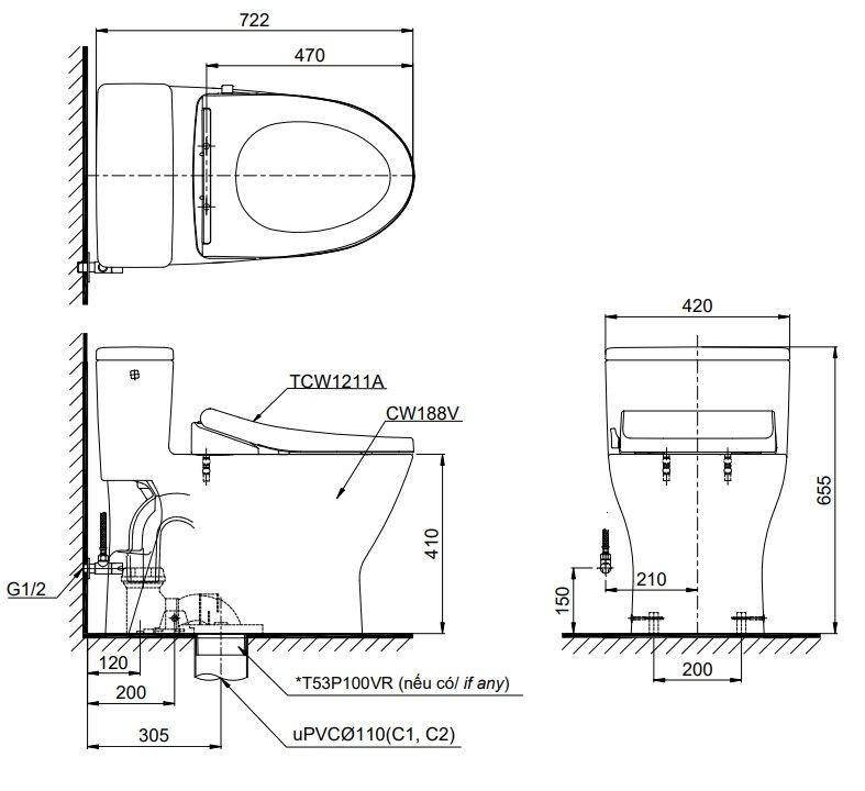 Bàn Cầu 1 Khối TOTO MS188VKE4#XW/T53P100VR