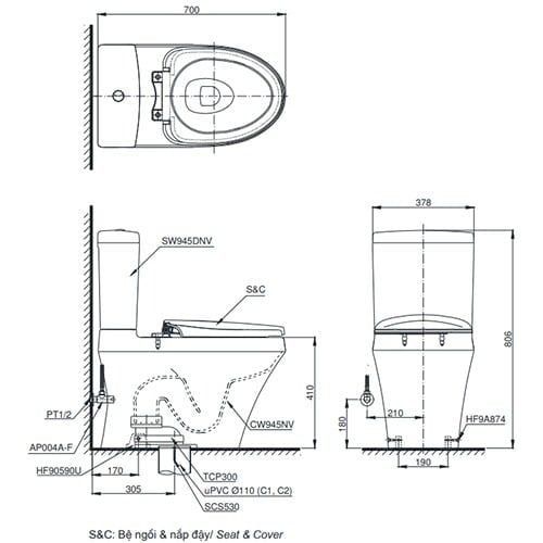 Bàn cầu 2 khối Toto CS948DT8#XW