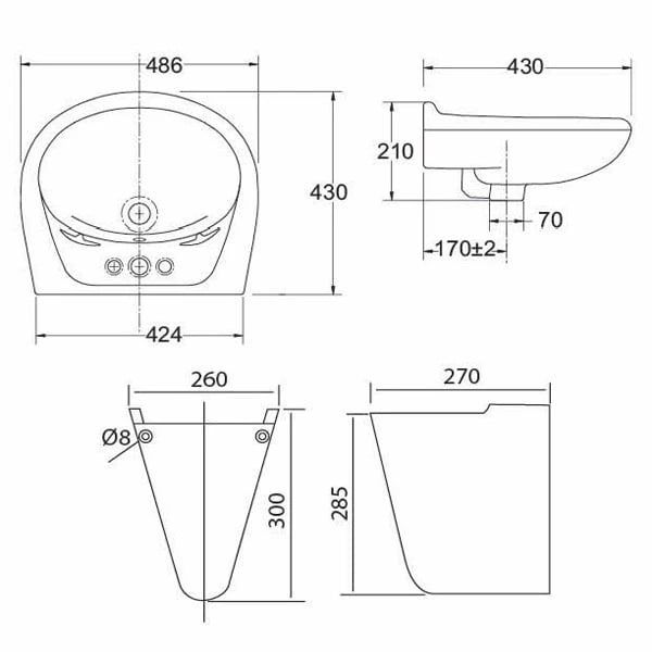 Chậu rửa treo tường Sanfi S506 + chân S602