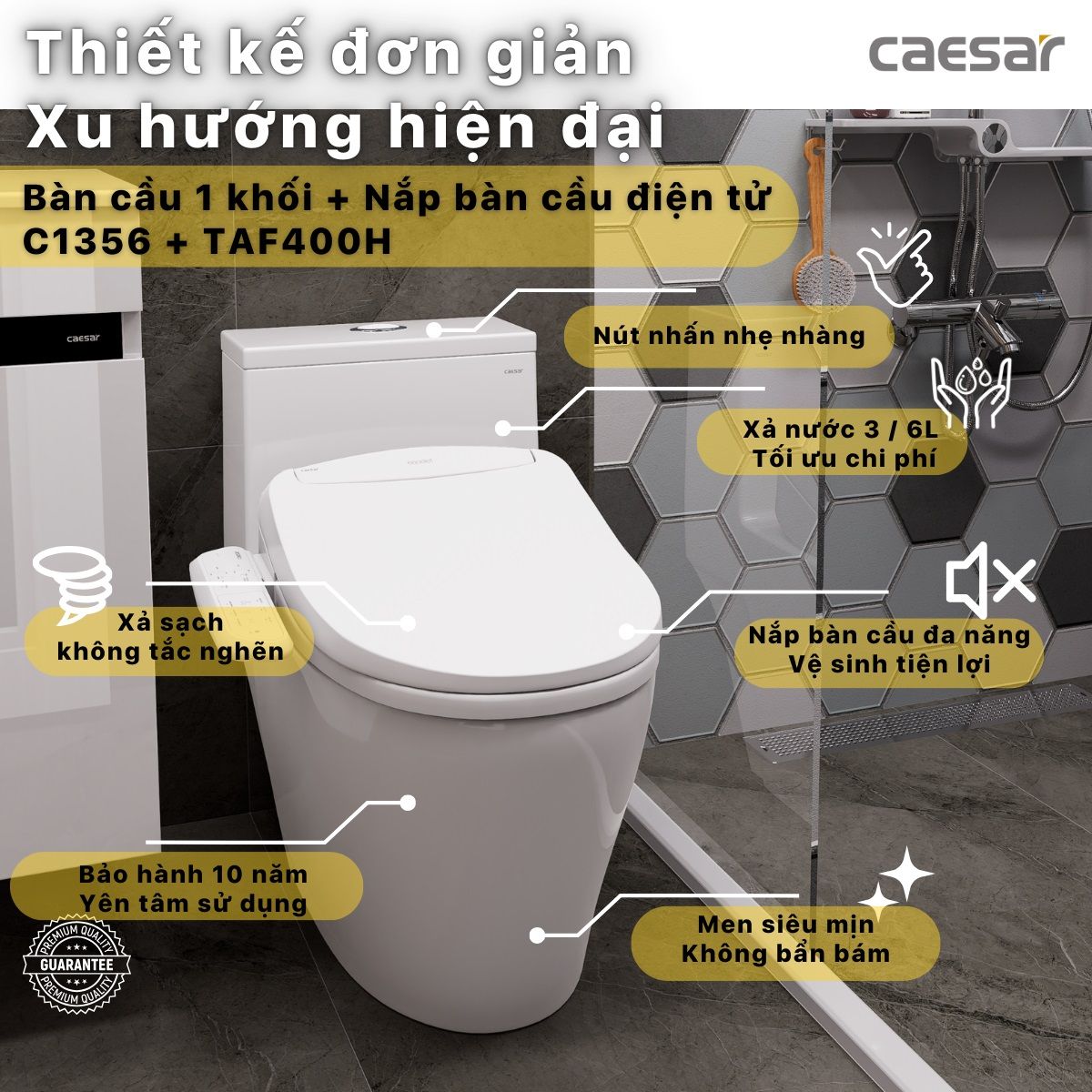 Bàn cầu 1 khối Caesar CD1356 (không nắp) + nắp rửa TAF400H