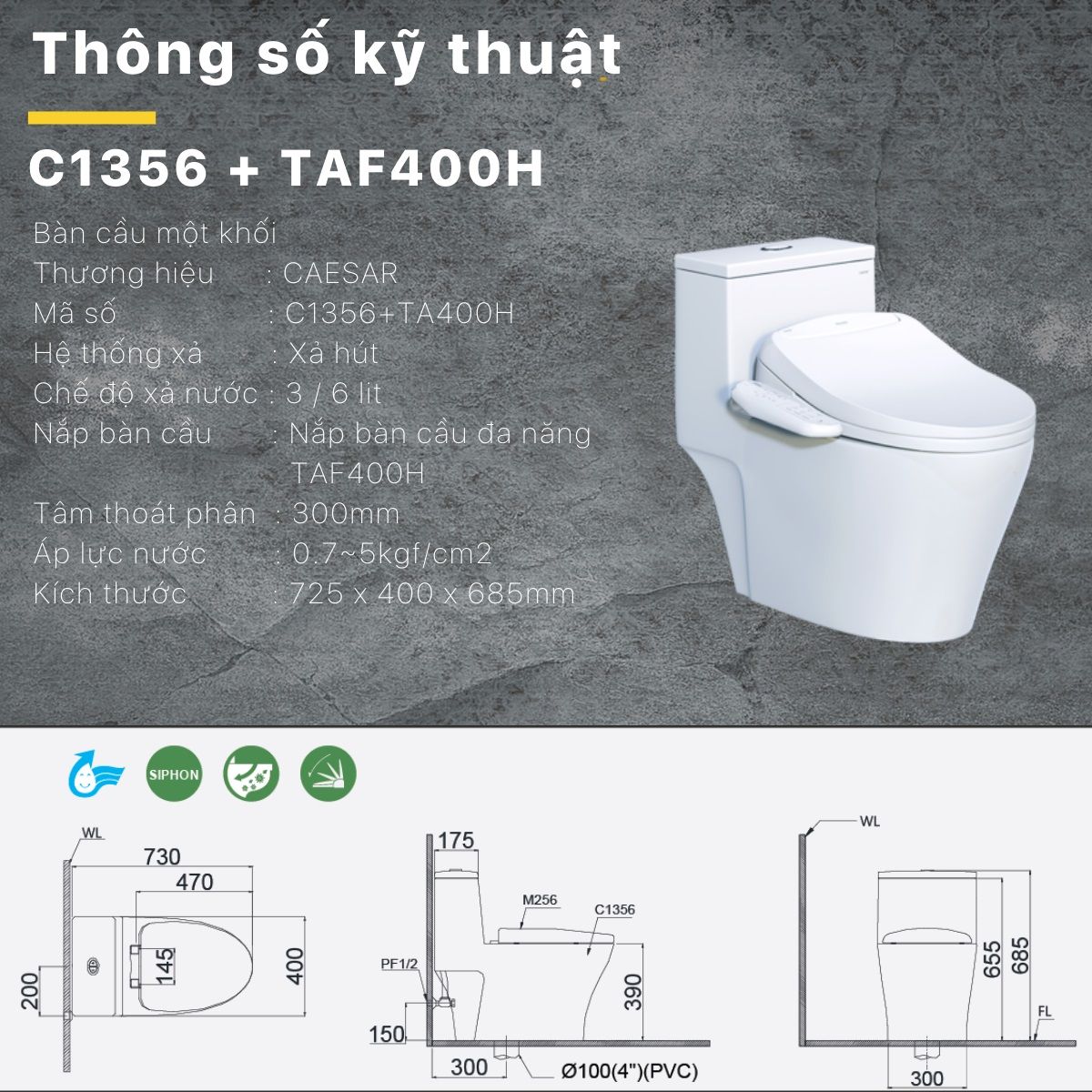 Bàn cầu 1 khối Caesar CD1356 (không nắp) + nắp rửa TAF400H