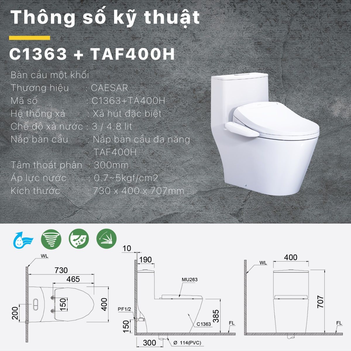 Bàn cầu 1 khối Caesar CD1363 (không nắp) + nắp rửa TAF400H