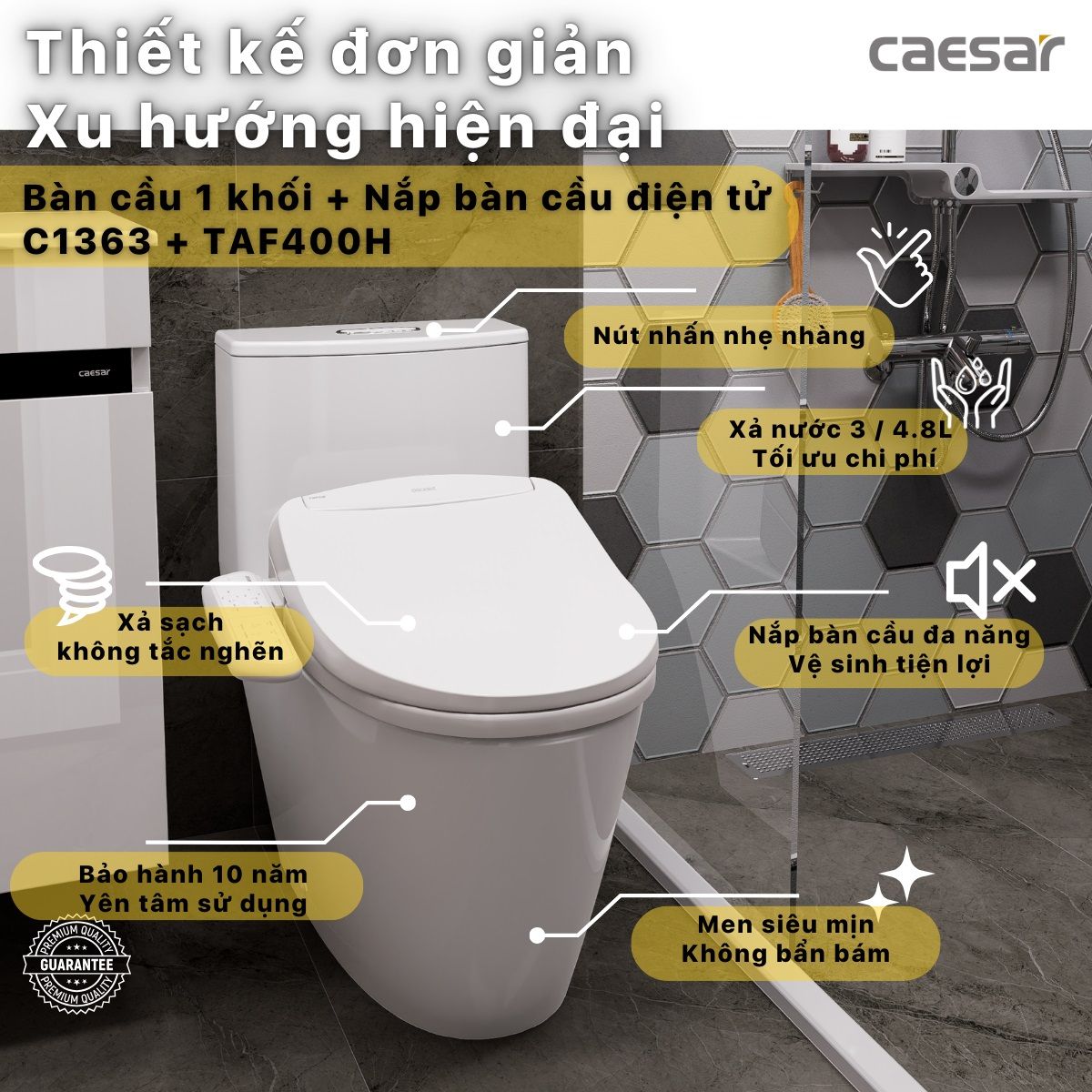 Bàn cầu 1 khối Caesar CD1363 (không nắp) + nắp rửa TAF400H