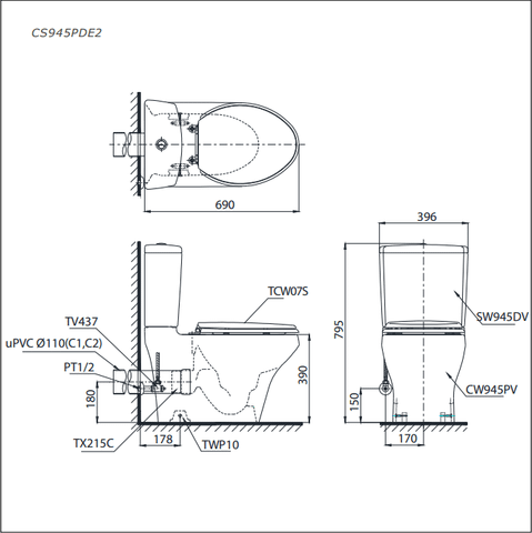 Bàn Cầu 2 Khối TOTO CS945PDE2#W