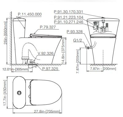 Bàn cầu 1 khối P.11.450 Viglacera Platinum