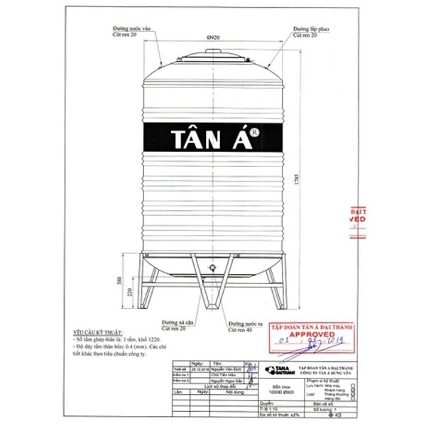  Bồn nước Tân Á Inox 1000L đứng SUS 304 TA1000(F920)D 