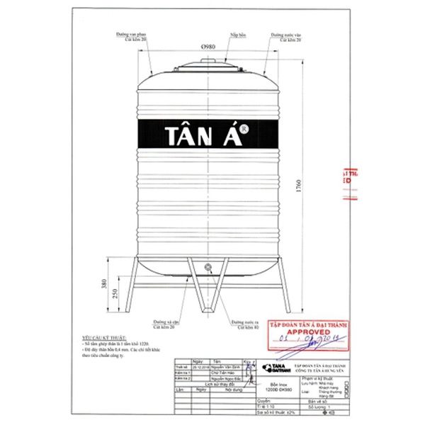  Bồn nước Tân Á Inox 1200L đứng SUS 304 TA 1200 (f920) 