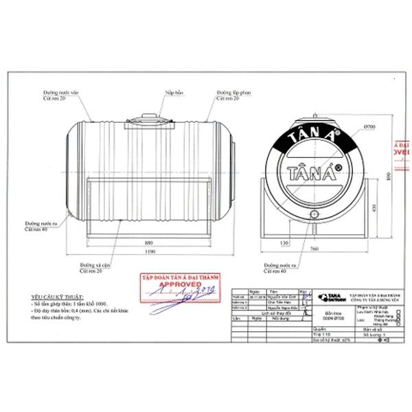 Bồn nước Tân Á Inox 500L ngang SUS 304 TA 500 (f740)