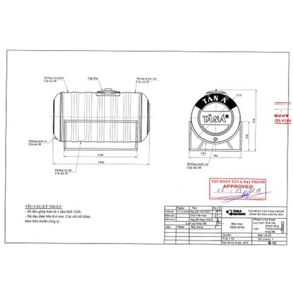 Bồn nước Tân Á Inox 700L ngang SUS 304 TA700(F740)N
