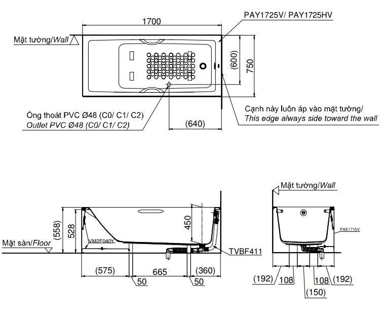 Bồn Tắm TOTO PAY1725VC#W/TVBF411