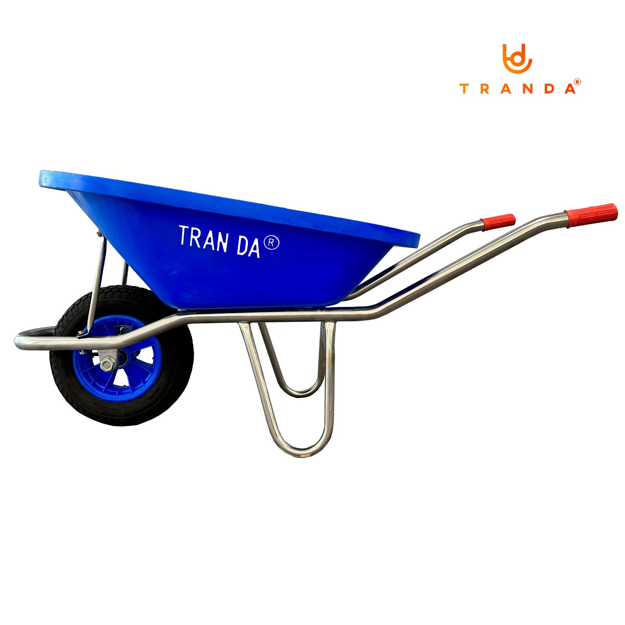  Xe rùa thùng nhựa xanh dương, sườn INOX 304, bánh hơi mâm nhựa 3.50-8, tải trọng 180 Kg 