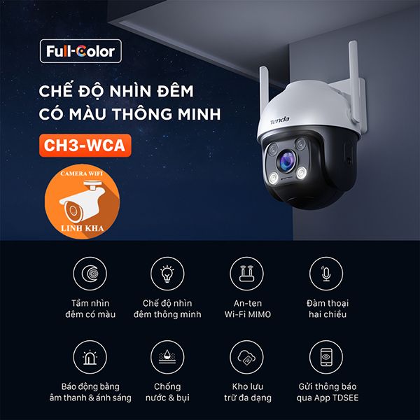 Camera ip wifi Tenda CH3-WCA 2MP Quay Quét Ngoài Trời  FUll HD 1080P