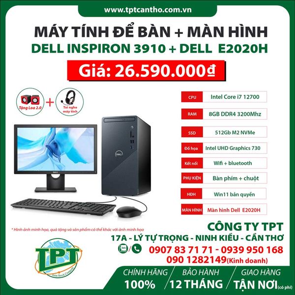 Máy tính để bàn Dell Inspiron 3910 (i7-12700/16GB RAM/512GB SSD/WL+BT/K+M/Office/Win11) + Màn hình Dell  E2020H