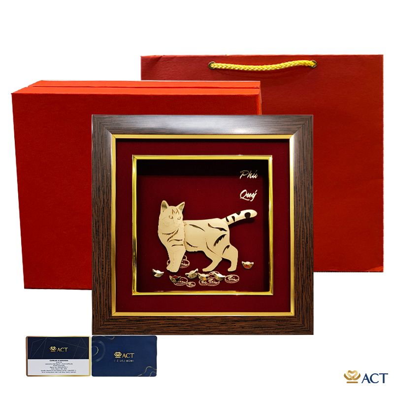 Quà tặng Tranh Mèo Phú Quý dát vàng 24k ACT GOLD ISO 9001:2015
