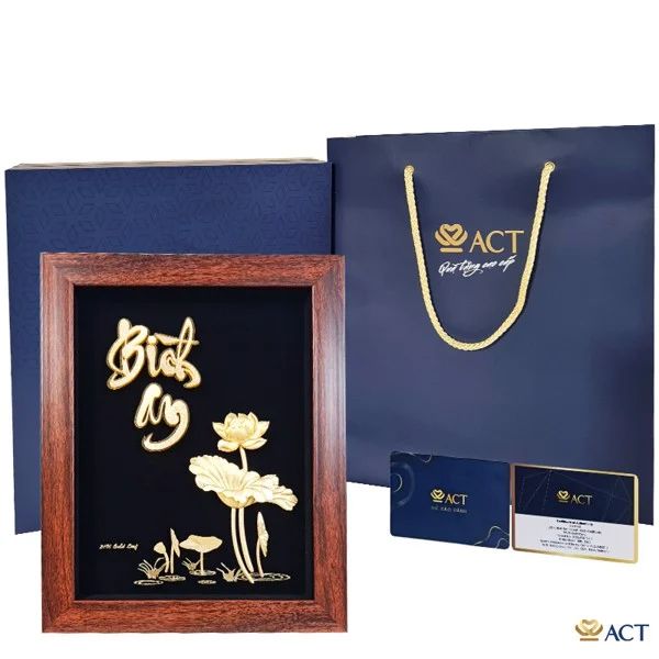 Tranh Chữ Bình An Hoa Sen dát vàng 24k